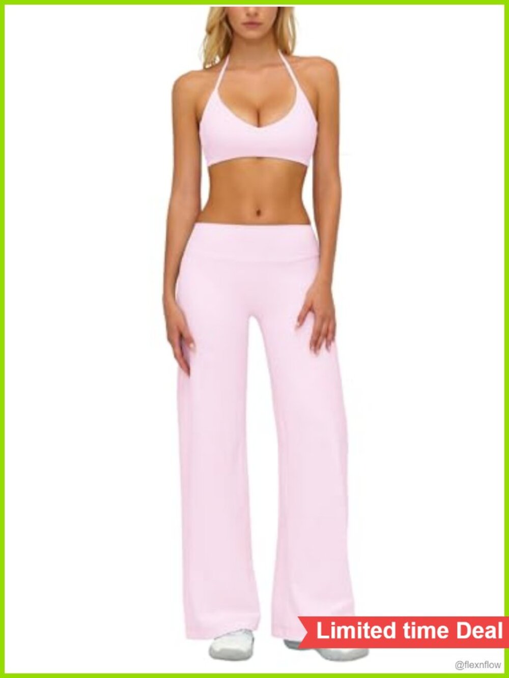2 Piece Workout Set Halter Sports Bra Cami Top Flare Leggings Pockets